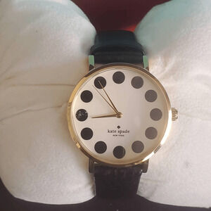 Kate Spade Gramercy Watch Black Leather Band Black Polka Dot Hour‎ Markers IOB